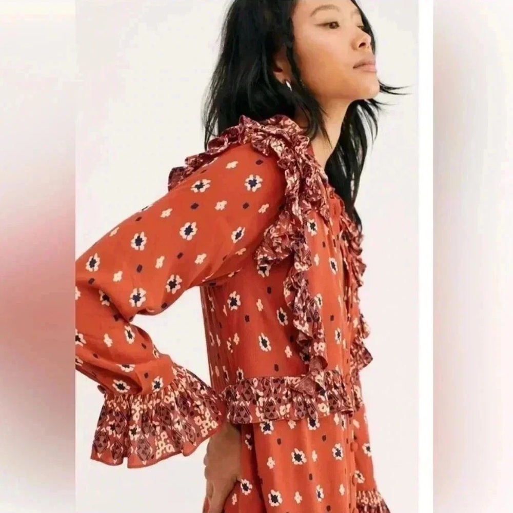 Free People Rust Boho Printed Ruffle Longline Duster - Picture 15 of 16
